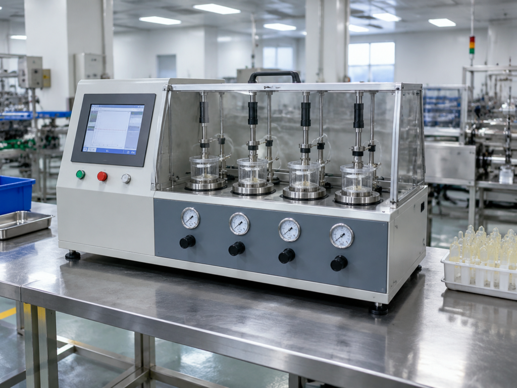 Infographic showing the five buyer inputs required before a testing instrument can be quoted: standard and clause, product dimensions, throughput target, supply voltage, and export certification, arranged as a checklist flow diagram